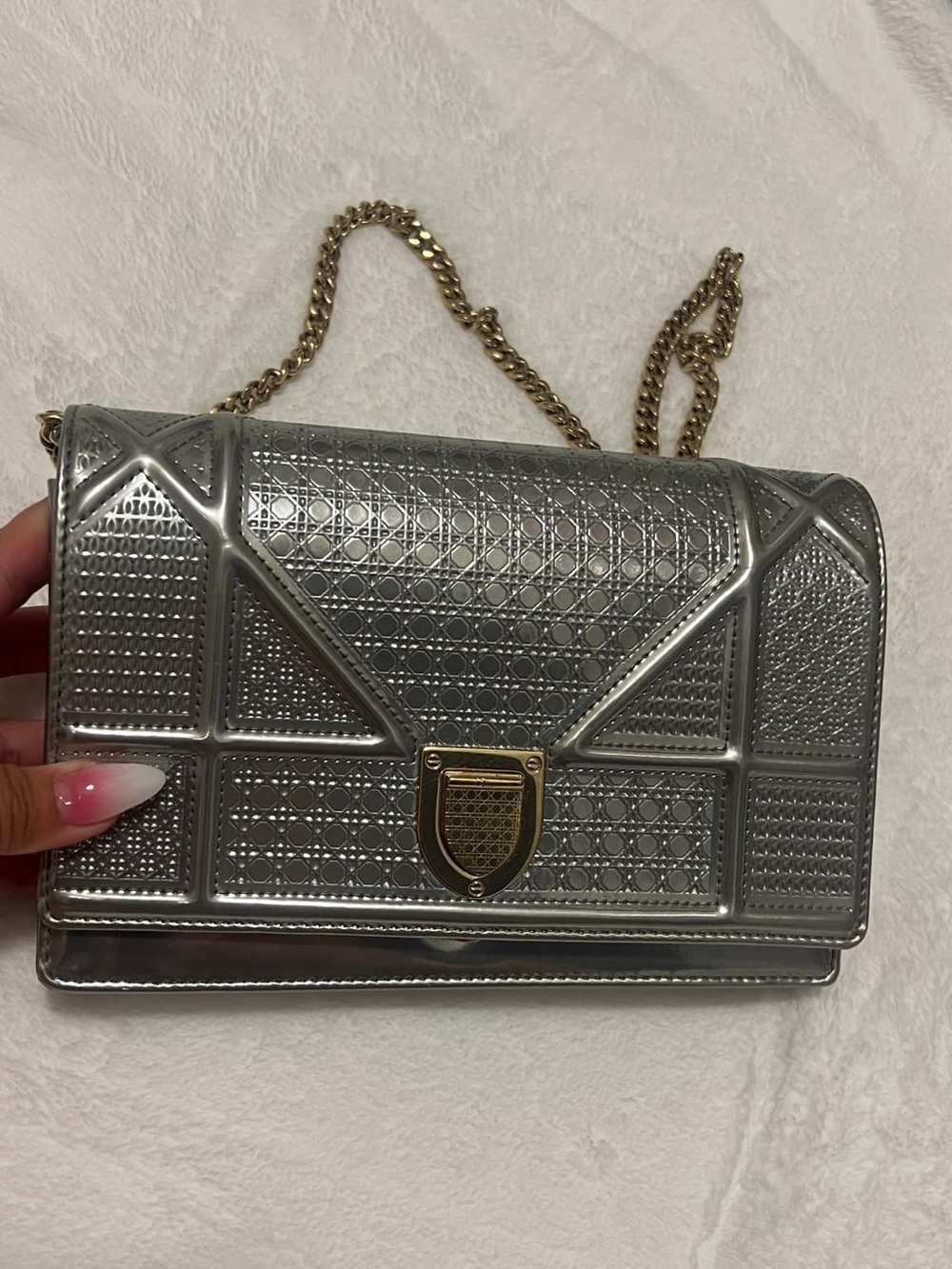 Authentic Dior Diorama Metallic Silver Microcannage Chain Bag